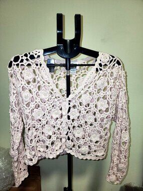 The Studio Crochet Cardigan M Blush Pink Floral Rosette Pearl Buttons Vintage 90
